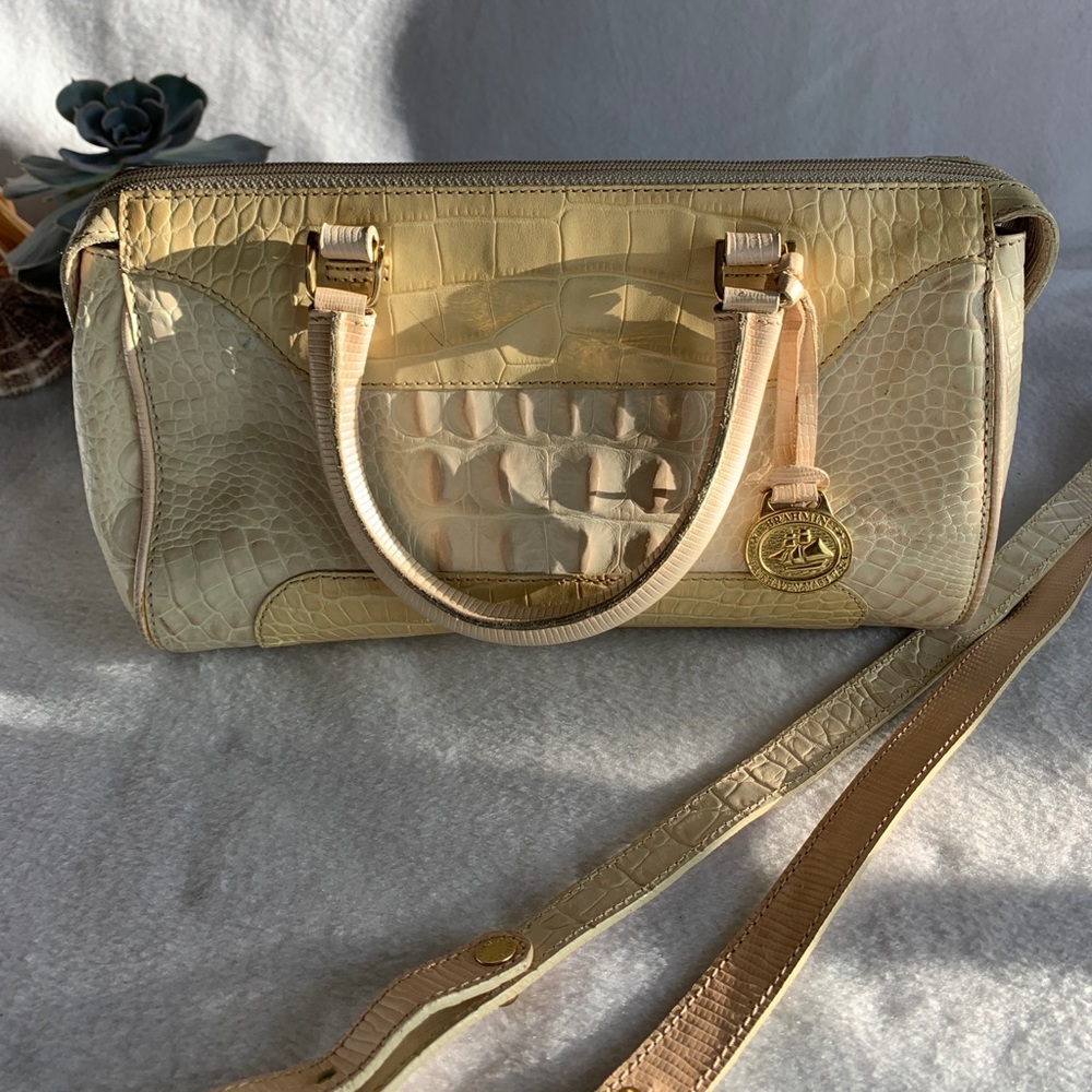Brahmin Croc-Embossed Leather Satchel in Light Yellow and Beige